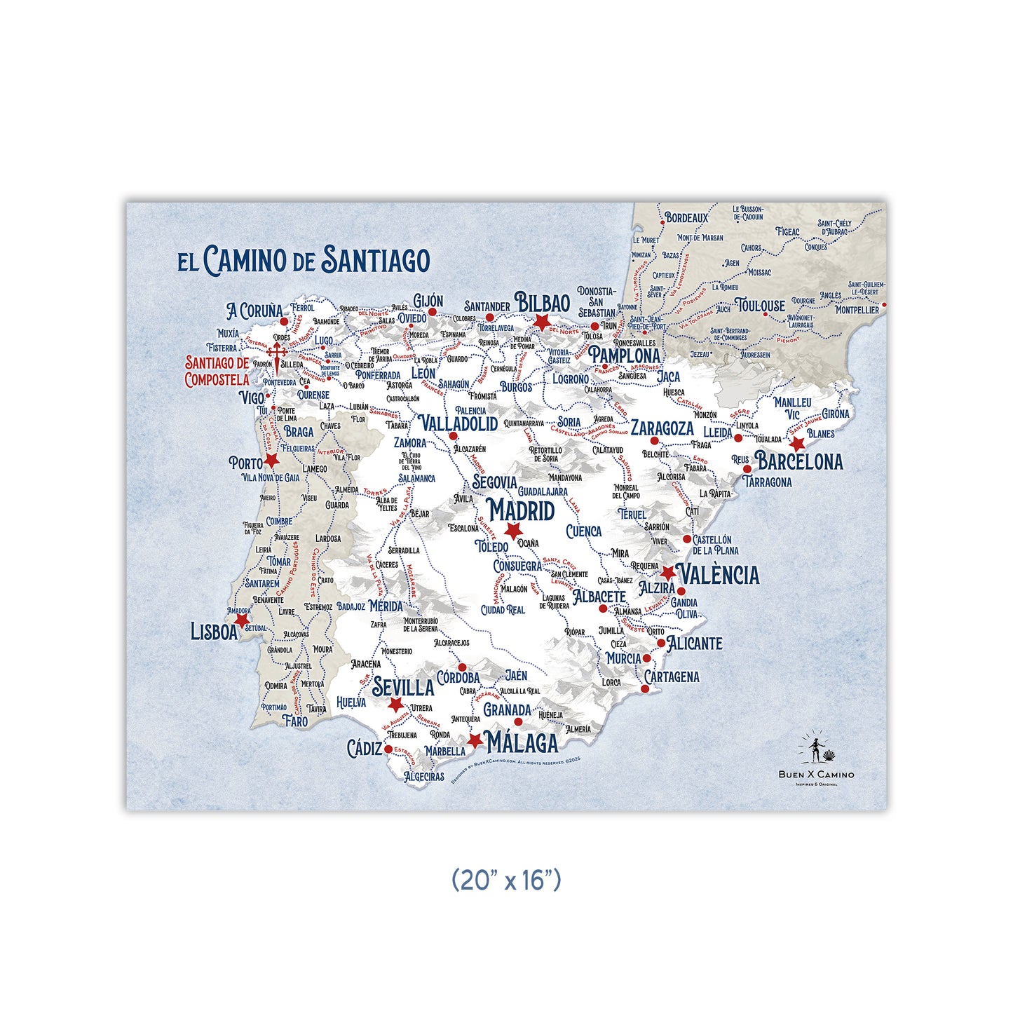 The Camino Journey Map //  20" x 16" Horizontal